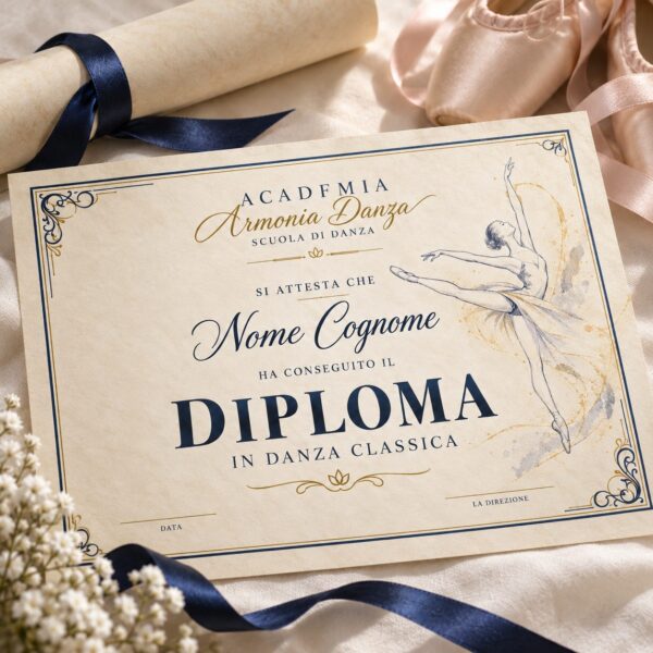 Diploma personalizzato per scuola di danza su carta effetto pergamena, esempio con ballerina e grafica blu e oro