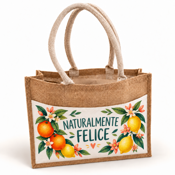Borsa in juta personalizzata con stampa sul pannello frontale e manici in corda