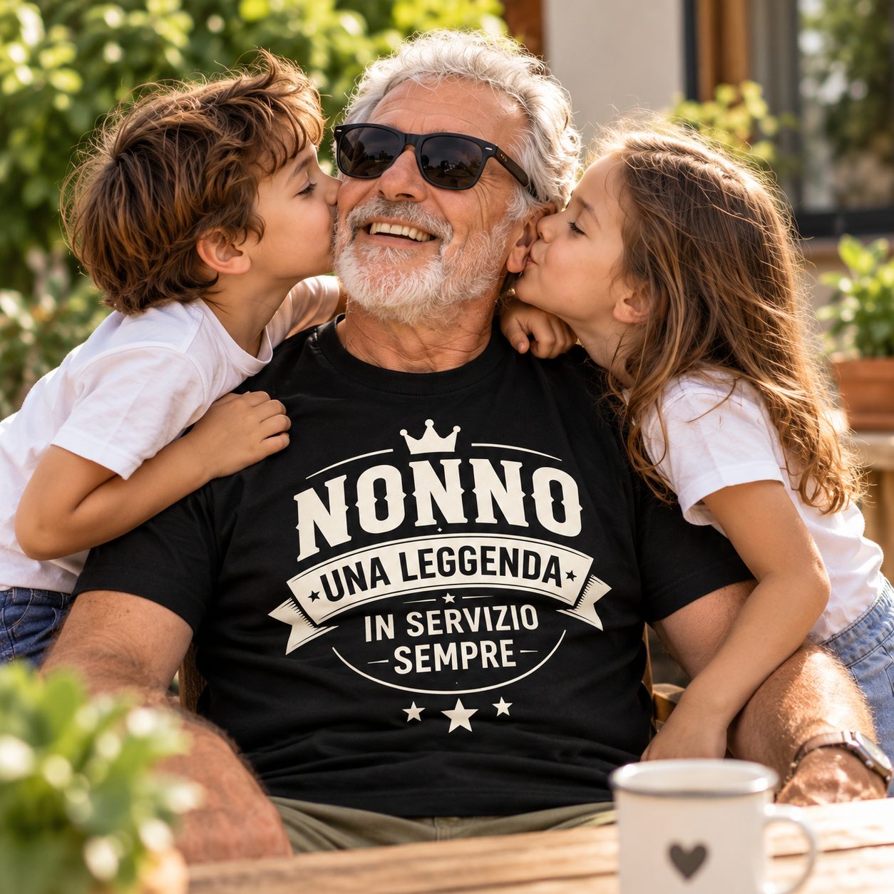 T-shirt nera Nonno leggenda per la Festa dei Nonni, immagine ambientata