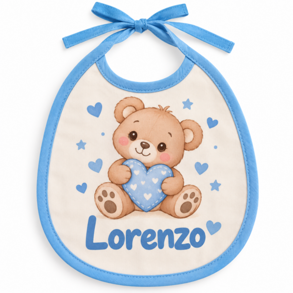 Bavetta personalizzata azzurra con nome e grafica orsetto