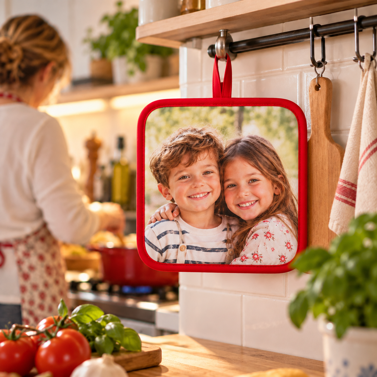 Presina da cucina personalizzata con foto e bordino rosso 17x17 cm